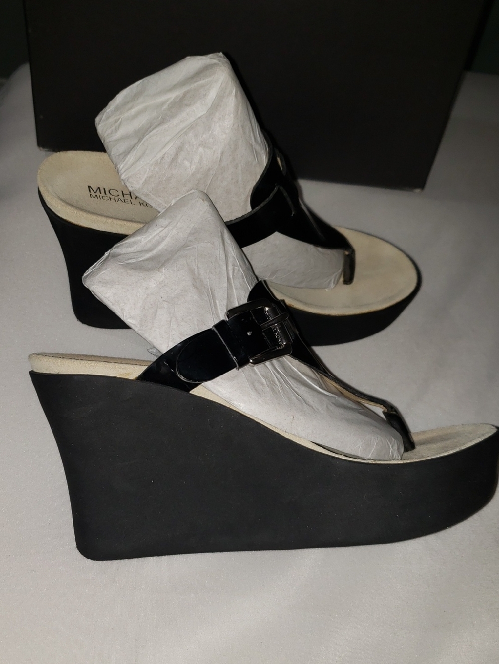 Nw Michael Kors Black Patent Leather Wedge Thong Sandals with Silver Buckle  6 M